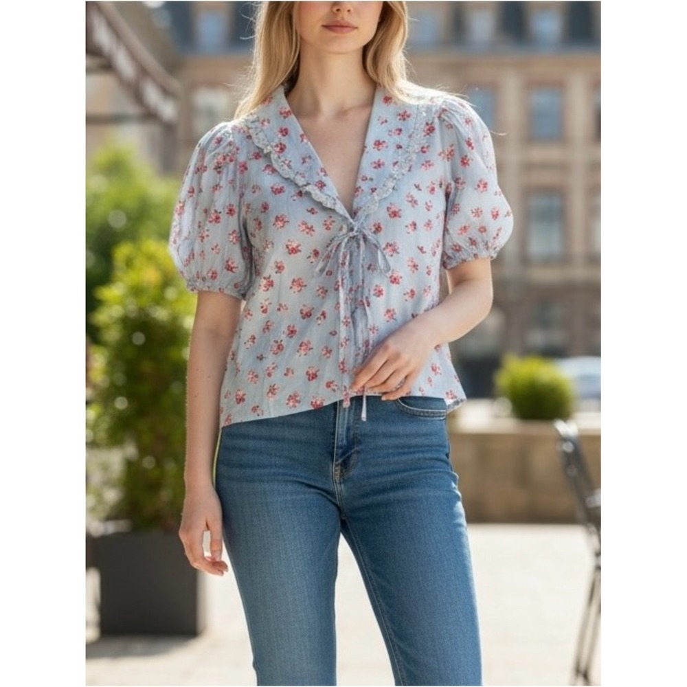 NWT Blue Floral Puff Sleeve Tie Front Cottagecore Praire Blouse Small MABLE